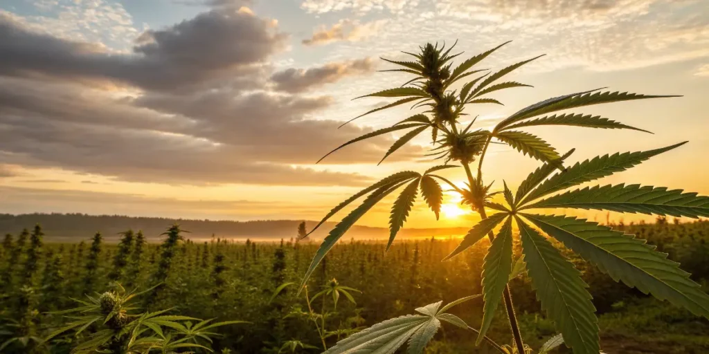 Cannabis plants in a large field at sunset representing record-breaking cultivation.