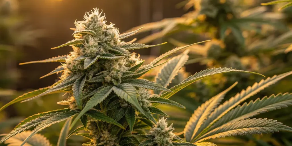 Close-up of CBD Auto 201 cannabis flower covered in trichomes during the flowering stage.