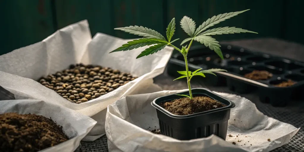 CBD Auto 201 young cannabis plants developing in pots under indoor conditions.