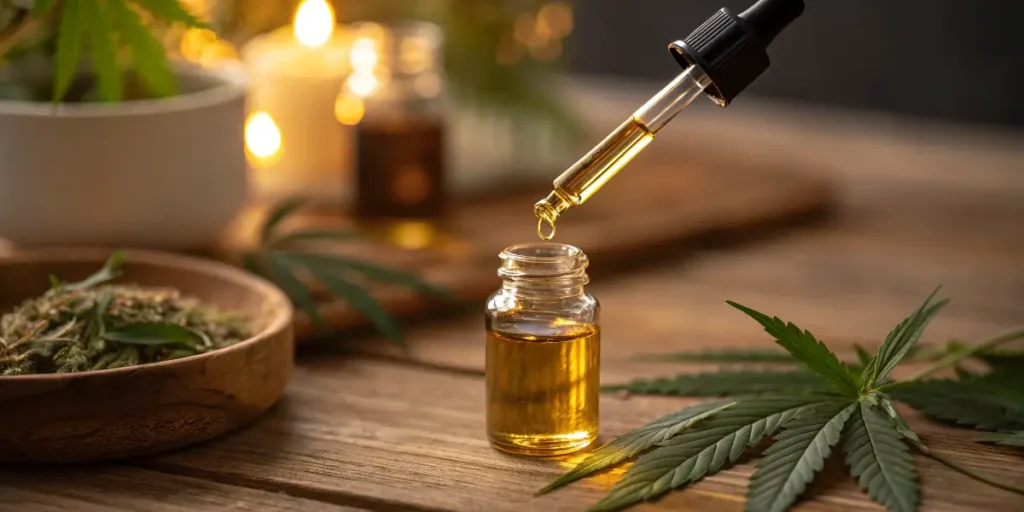 Golden CBD oil dropper above glass bottle reflecting 5 Myths And 5 Truths About CBD: Separating Fact From Fiction.