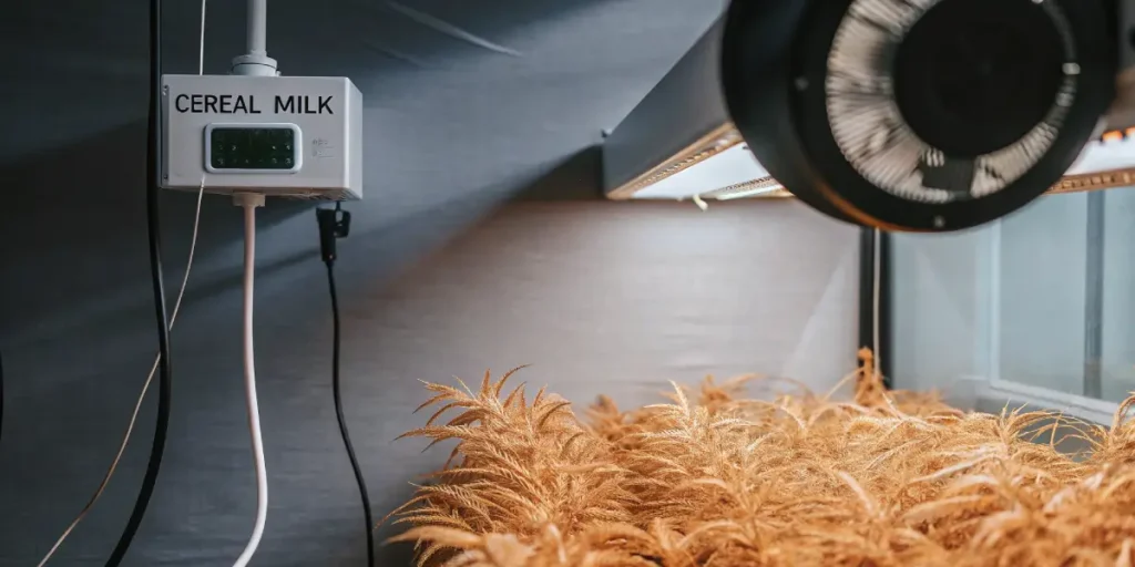 indoor cannabis grow with cereal milk strain under LED lights and fan