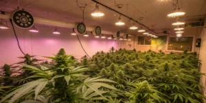 Cheese strain cannabis garden under vibrant pink LED grow lights showing dense green plants.