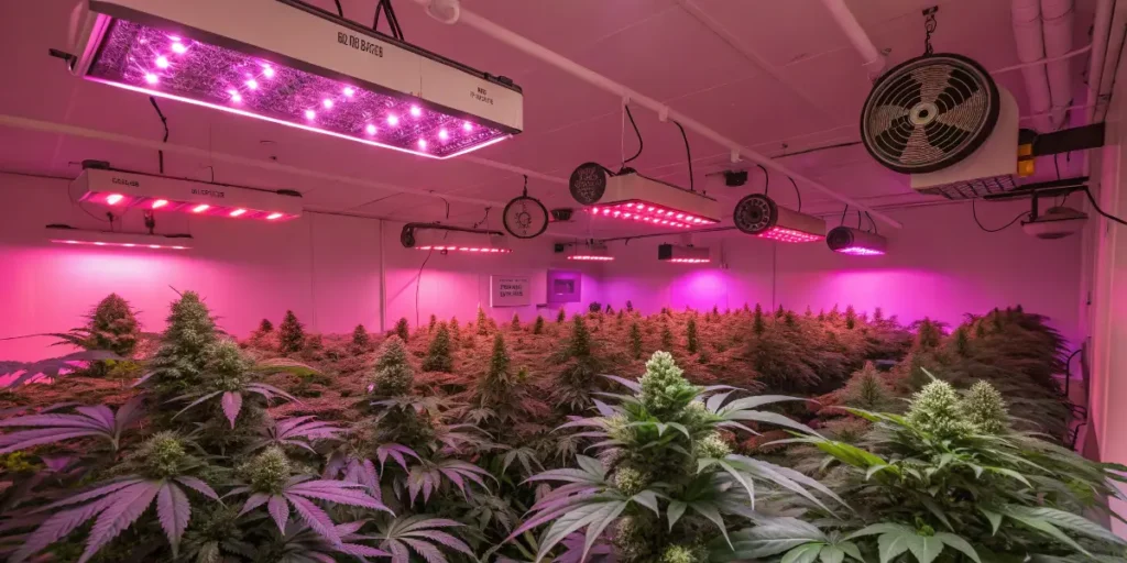 Cheese strain cannabis garden under vibrant pink LED grow lights showing dense green plants.
