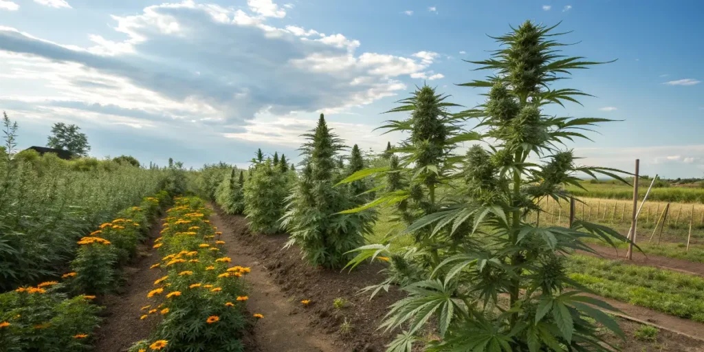 Cheese strain plants flourishing in a sunny field with mountains and trees in the background.