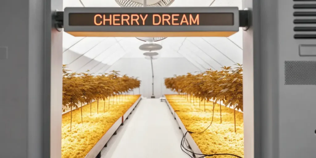 Cherry Dream cannabis plants growing in a large indoor greenhouse with strong lighting.
