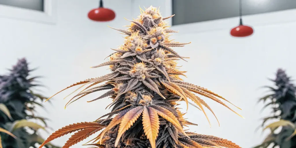 Cherry Dream cannabis bud with purple hues and orange pistils under indoor grow lights