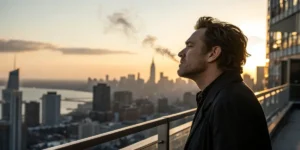 Famous actor smoking on a balcony overlooking the city, one of the celebrities you didn't realise smoked weed.