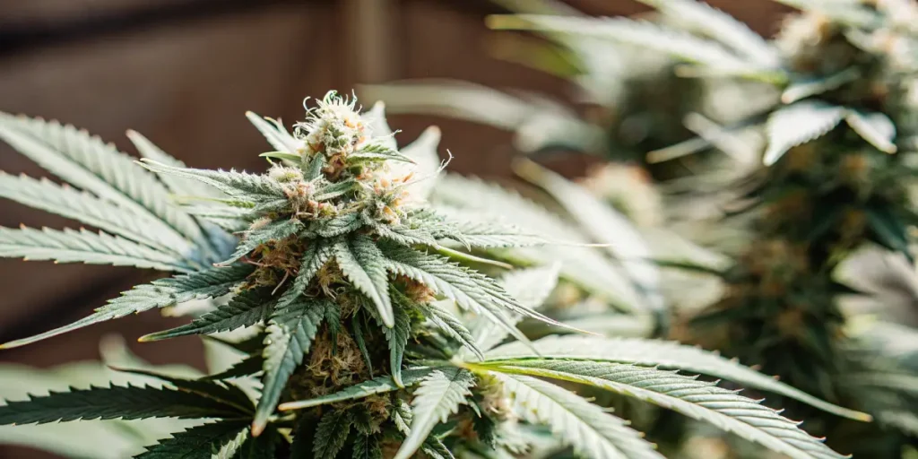 Close-up of a flowering cannabis bud covered in trichomes.