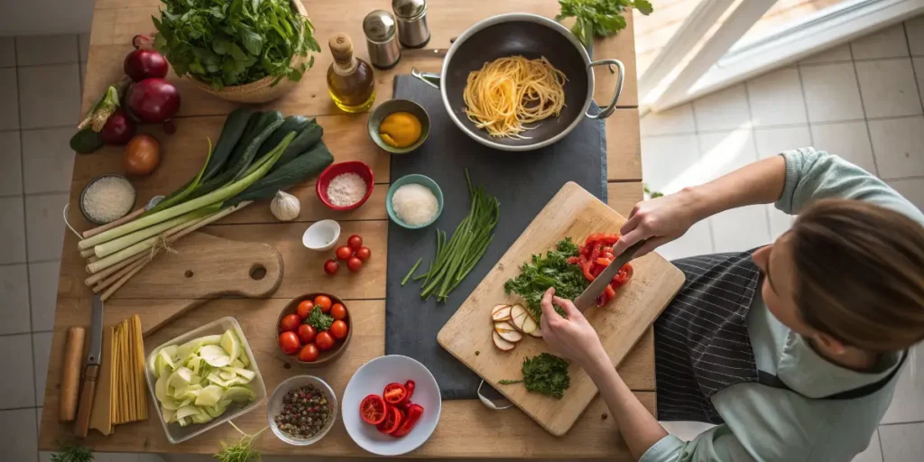 Person chopping vegetables in a bright kitchen, one of the most creative activities to do while high.