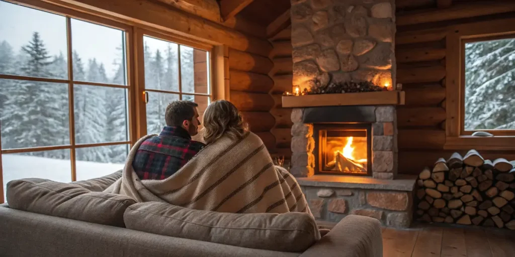 Couple relaxing under a blanket by the fireplace in a cozy wooden cabin surrounded by snow.