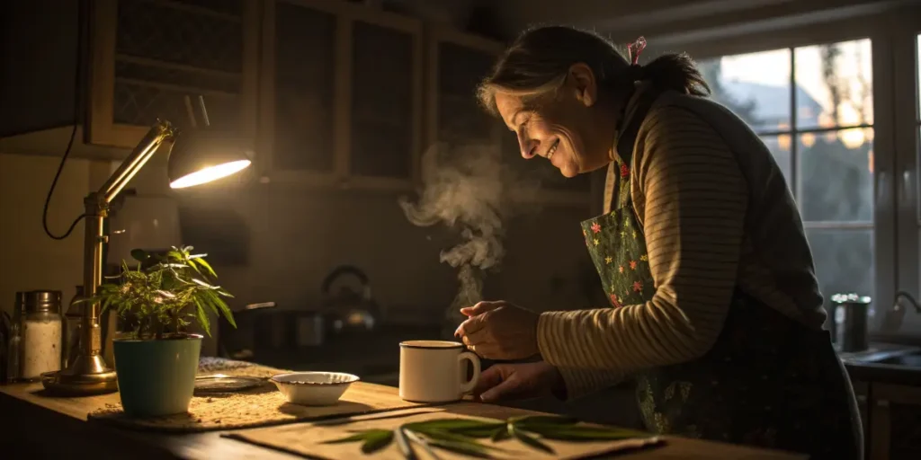 mature woman enjoying warm tea beside a small cannabis plant under soft light.