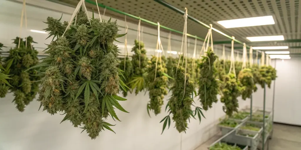 harvested cannabis buds hanging to dry in a controlled room.