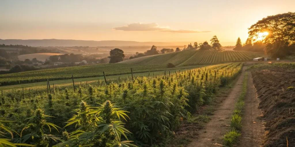 Cannabis fields stretching across sunlit hills illustrating 7 Years Later: The Impact of Cannabis Legalization in the US.