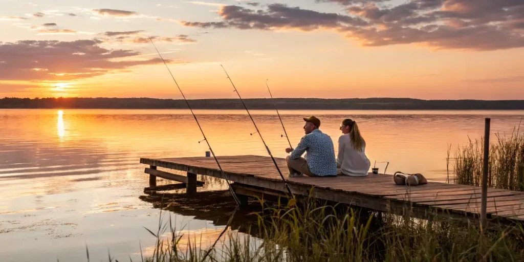 Couple fishing on a wooden dock during sunset, a peaceful choice among activities to do while high.