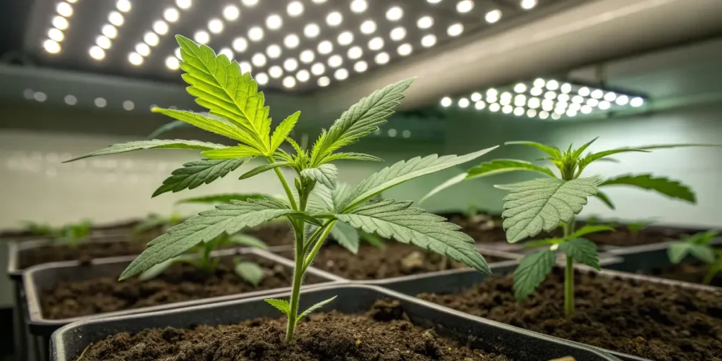 Blue Dream cannabis strain in indoor cultivation illuminated by bright LED lighting.