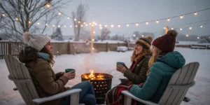 Couple relaxing under a blanket by the fireplace in a cozy wooden cabin surrounded by snow.