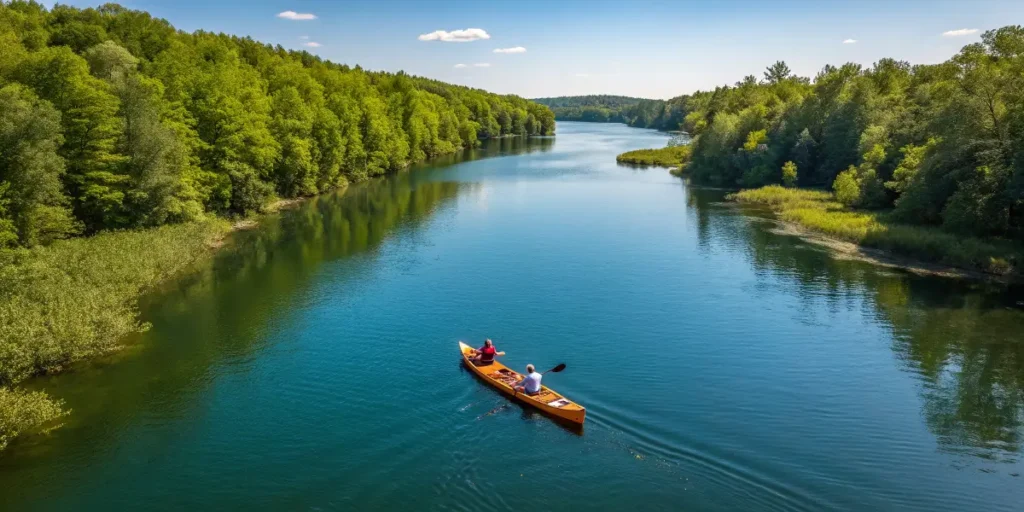 Two people canoeing on a calm blue lake surrounded by lush green trees.