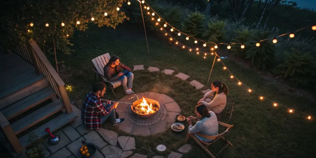 Group of friends relaxing around a backyard bonfire under string lights on a summer evening.