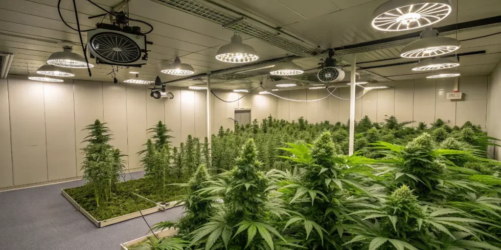 Flowering G13 Haze plants thriving under bright lights in a climate-controlled grow facility.