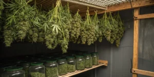 Freshly harvested G13 Haze buds hanging to dry above shelves of curing jars.