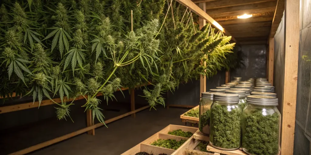 G13 Haze cannabis buds drying upside down beside glass jars filled with cured flowers.
