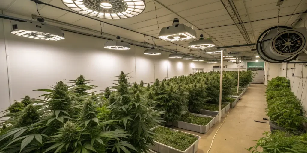 G13 Haze cannabis plants maturing under LED grow lights in a modern indoor setup.