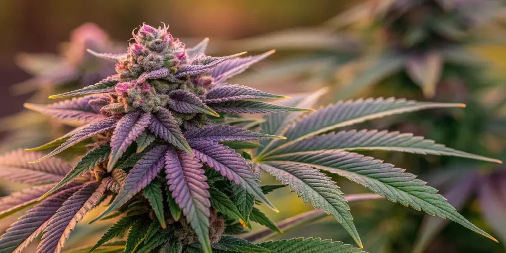 girl scout cookies cannabis bud with purple hues and crystal trichomes in natural light.