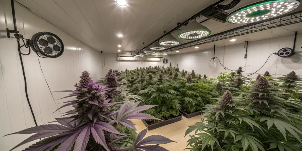 girl scout cookies cannabis plants with purple buds under LED lights in a controlled room.
