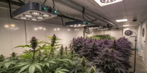 girl scout cookies cannabis plants flourishing under LED lights in an indoor facility.