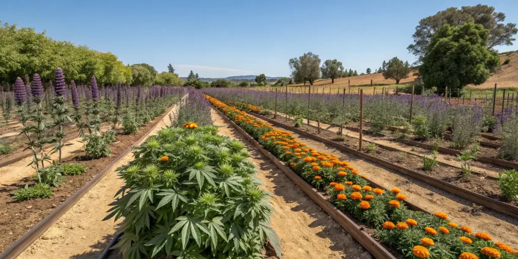 girl scout cookies cannabis growing outdoors alongside marigolds and other companion plants.