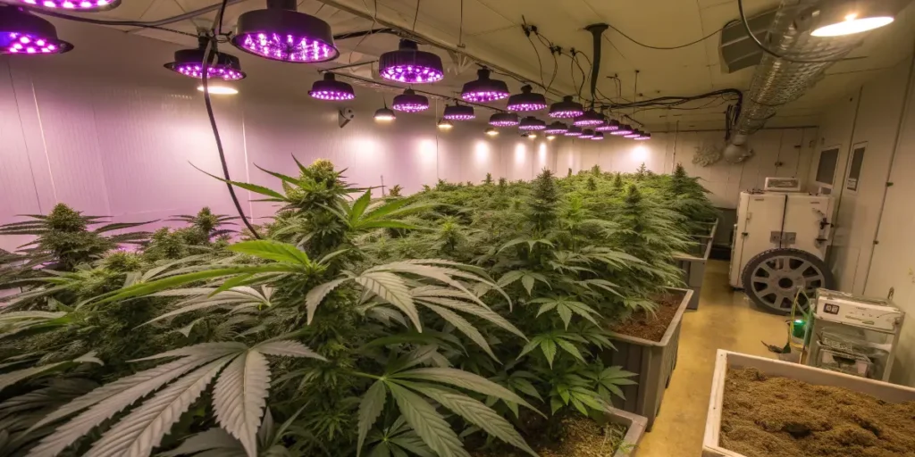 Glookies cannabis plants maturing under warm LED lights in a clean indoor grow setup.