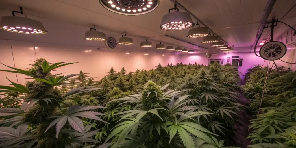 Glookies plants thriving under purple LED lights in a controlled indoor grow room.