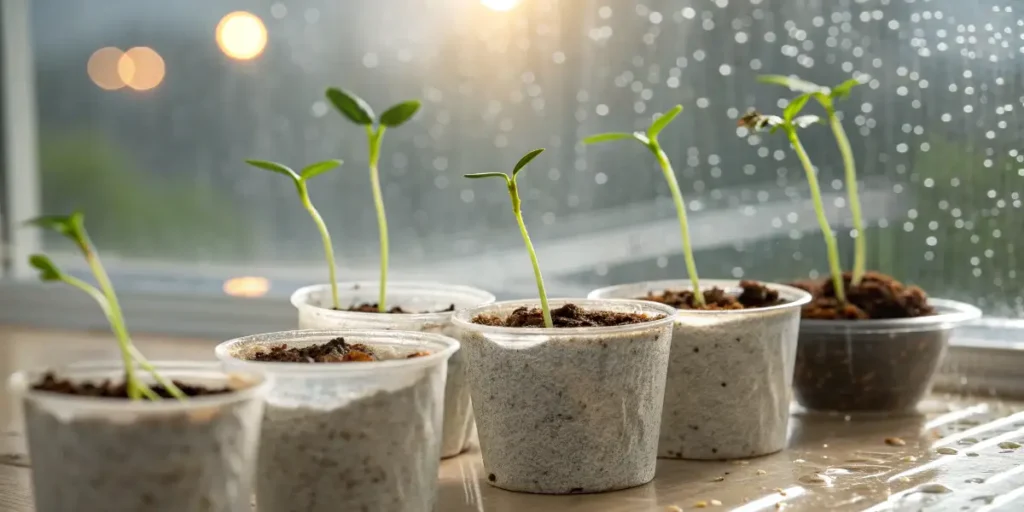 Glookies seedlings growing in biodegradable pots near a rainy window with soft evening light.