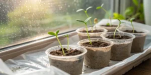Glookies seedlings sprouting in small plastic cups on a sunny windowsill.