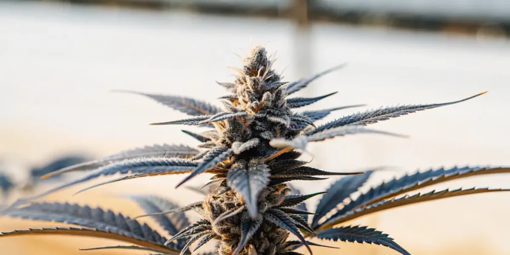 Gorilla Cookies cannabis flower with frosty trichomes and bluish-purple leaves.