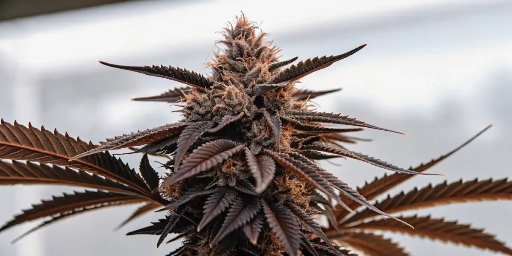 Close-up of a Gorilla Cookies cannabis bud with dark purple leaves and frosty trichomes.