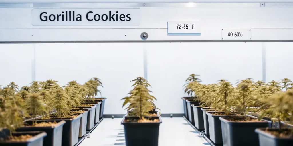 Gorilla Cookies young cannabis plants growing indoors under controlled temperature and humidity.