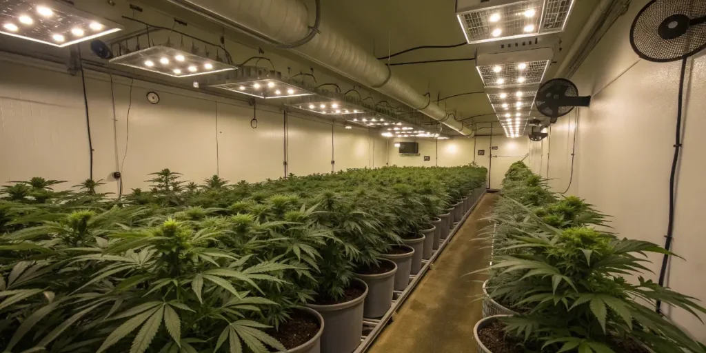 Flowering gorilla zkittlez cannabis plants illuminated by warm LED lights in a grow room.