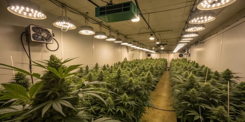 Rows of gorilla zkittlez cannabis plants growing under LED lights in a modern indoor facility.