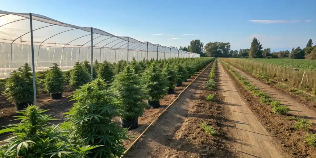 Gorilla zkittlez cannabis field illuminated by the sunset beside a greenhouse tunnel.