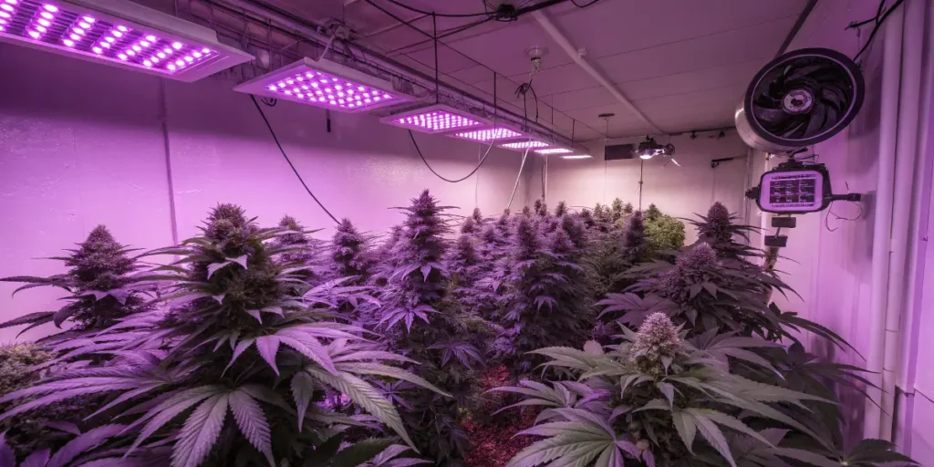 Granddaddy purple cannabis growing densely under LED panels with ventilation fans in an indoor facility.