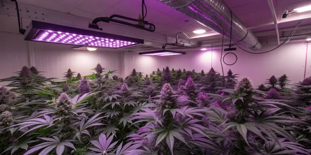 Granddaddy purple plants blooming under purple LED grow lights in a controlled indoor grow room.