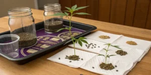 Granddaddy purple seedlings sprouting from soil and seeds on paper towels beside jars and containers.