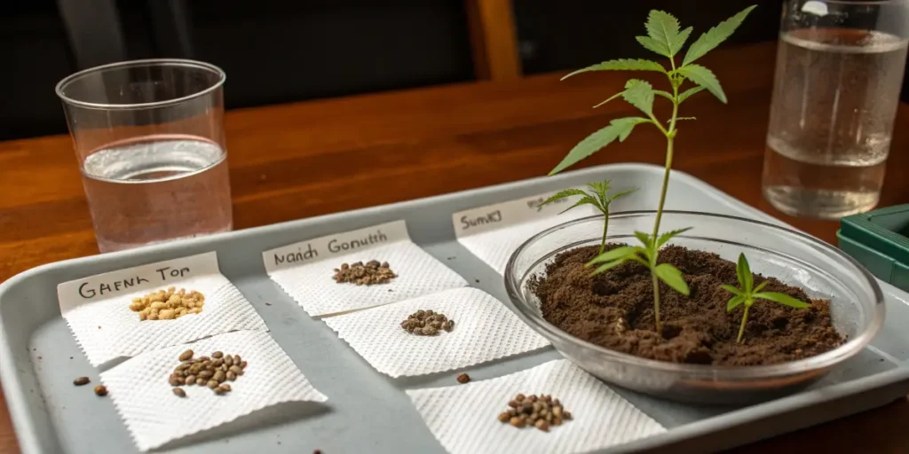 Granddaddy purple sprouts growing in a soil dish surrounded by labeled seed samples and water cups