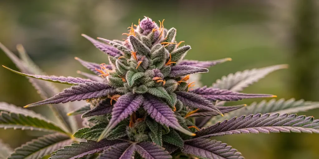 Macro of grape ape cannabis flower showing dense buds and deep purple-green tones.