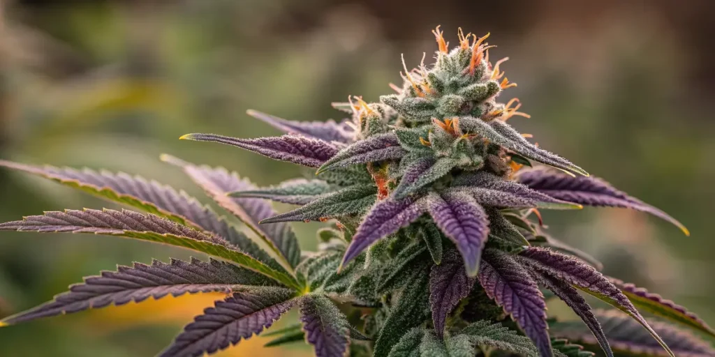 Close-up of grape ape cannabis bud with purple leaves and frosty trichomes under soft light.