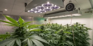 Indoor grape ape cannabis plants thriving under LED grow lights in a modern cultivation room.