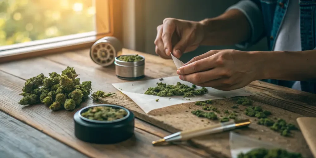 Person grinding and rolling cannabis under sunlight, representing how preparation impacts factors that affect your weed high.