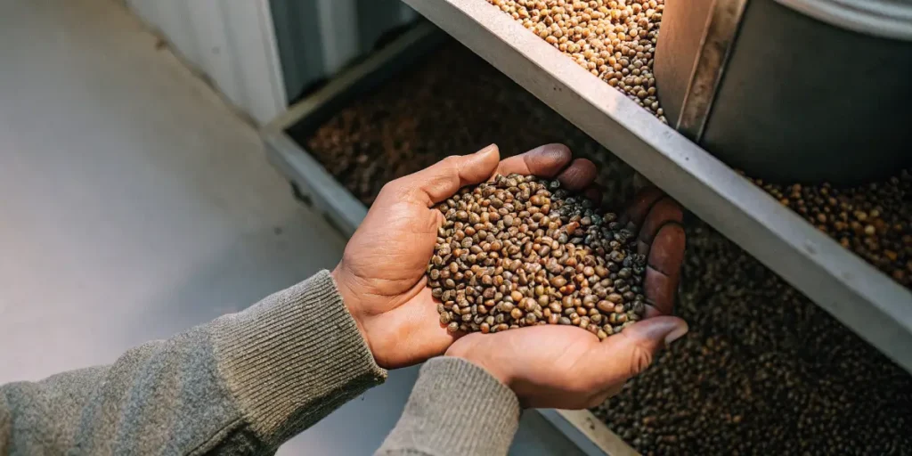 Hands holding fresh cannabis seeds in a production room.