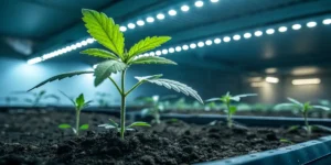 cannabis Black Domina plants in vegetative phase under LED grow lights.